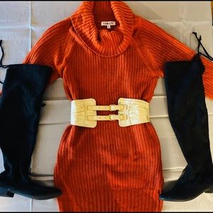 Sweater Dress, Belt, Boots